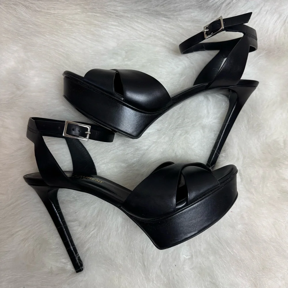 Authentic Saint Laurent Bianca Platform Criss Cross Leather Ankle Strap Heels - Picture 6 of 9